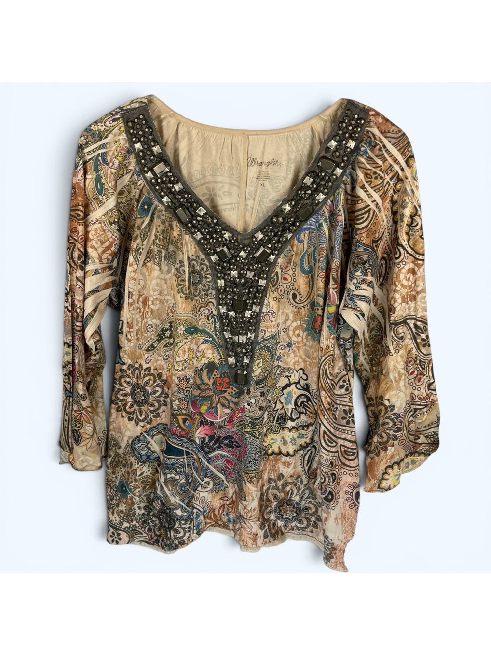 Wrangler Women's Boho Paisley Blouse Shirt Metallic Embellishments Size XL